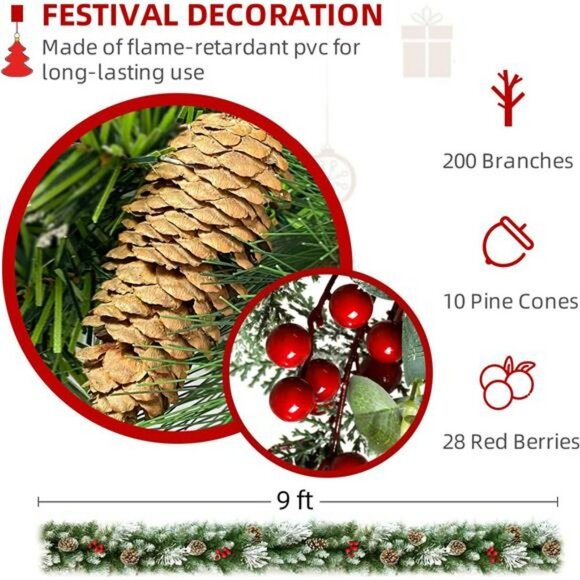 9FT Artificial Christmas Garland with Pine Cones